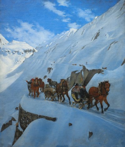 Postkutsche am Sankt Gotthard im Winter von Jules Jacques Jacot Guillarmod